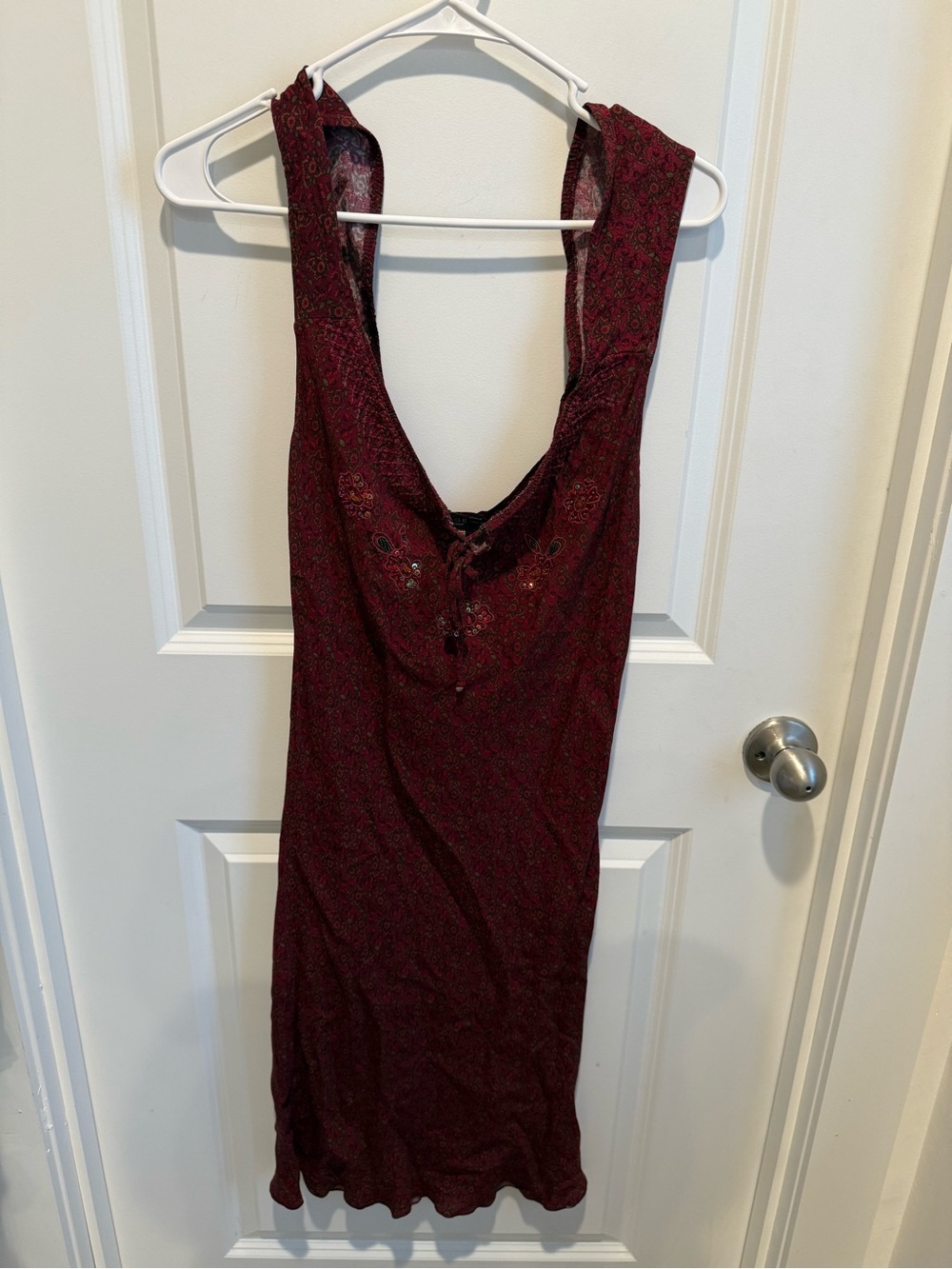 Rampage Y2K Burgundy Beaded Sleeveless Lace-Up Sun Dress